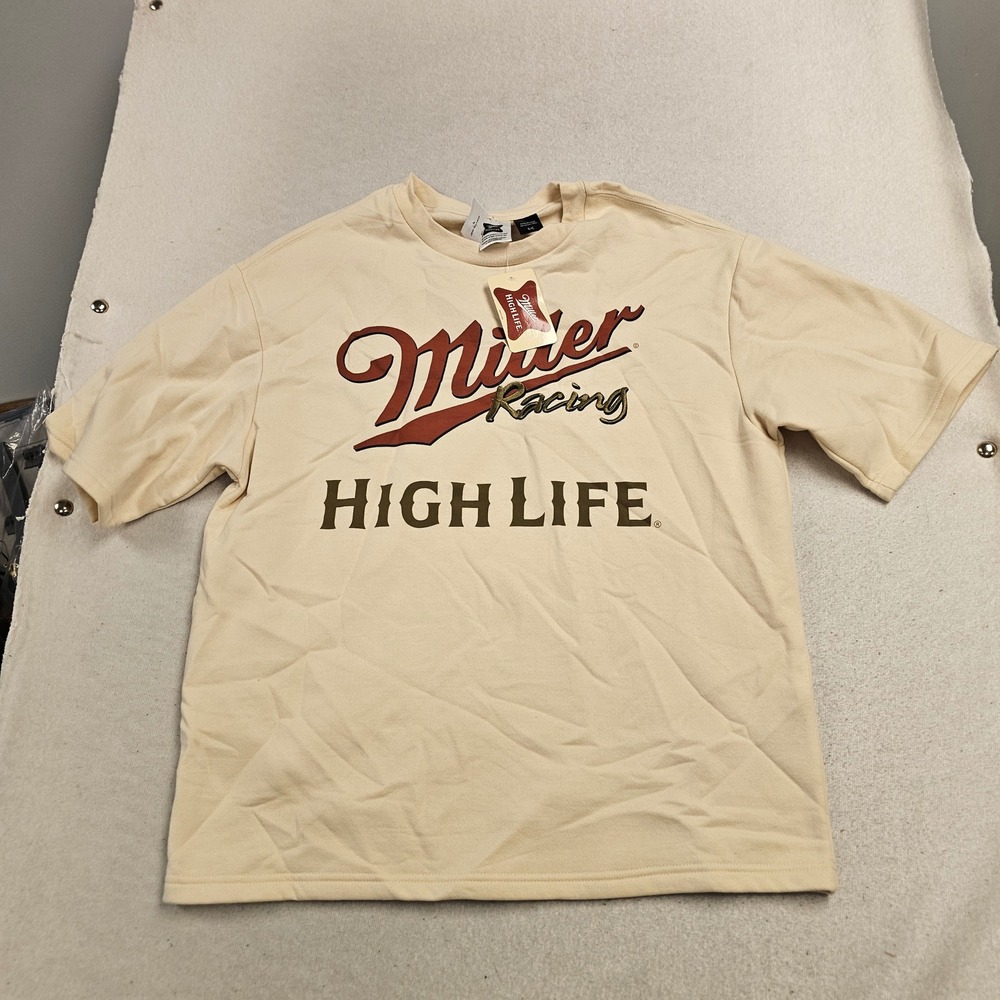 Miller High Life Racing T-Shirt Mens Small Cream Mad Engine Beer Graphic Tee NEW